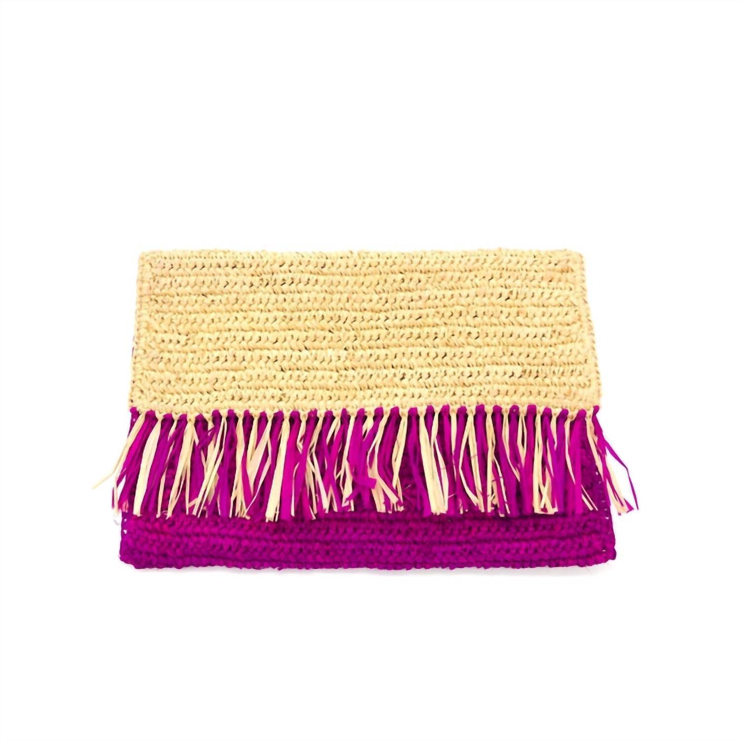 New Shebobo Women's Coco Fringe Crochet Straw Clutch In Fuschia